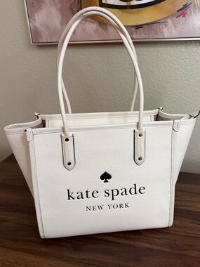 kate spade white leather logo tote with black logo